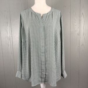 Talbots Blouse Womens 2X Green‎ Houndstooth Long Sleeves Lightweight Button Up